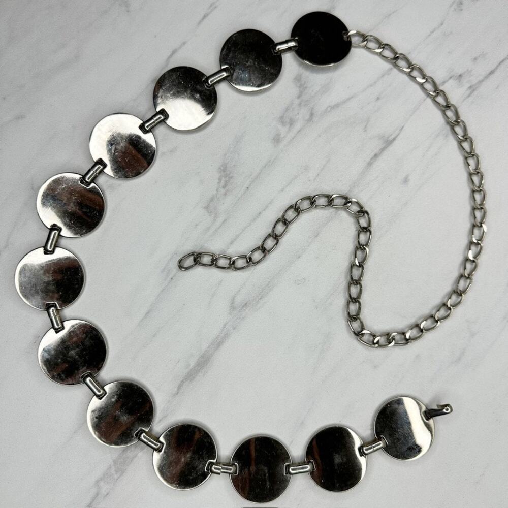 Chunky Flat Disc Coin Link Silver Tone Metal Chain Belt One Size (OS) ✨
